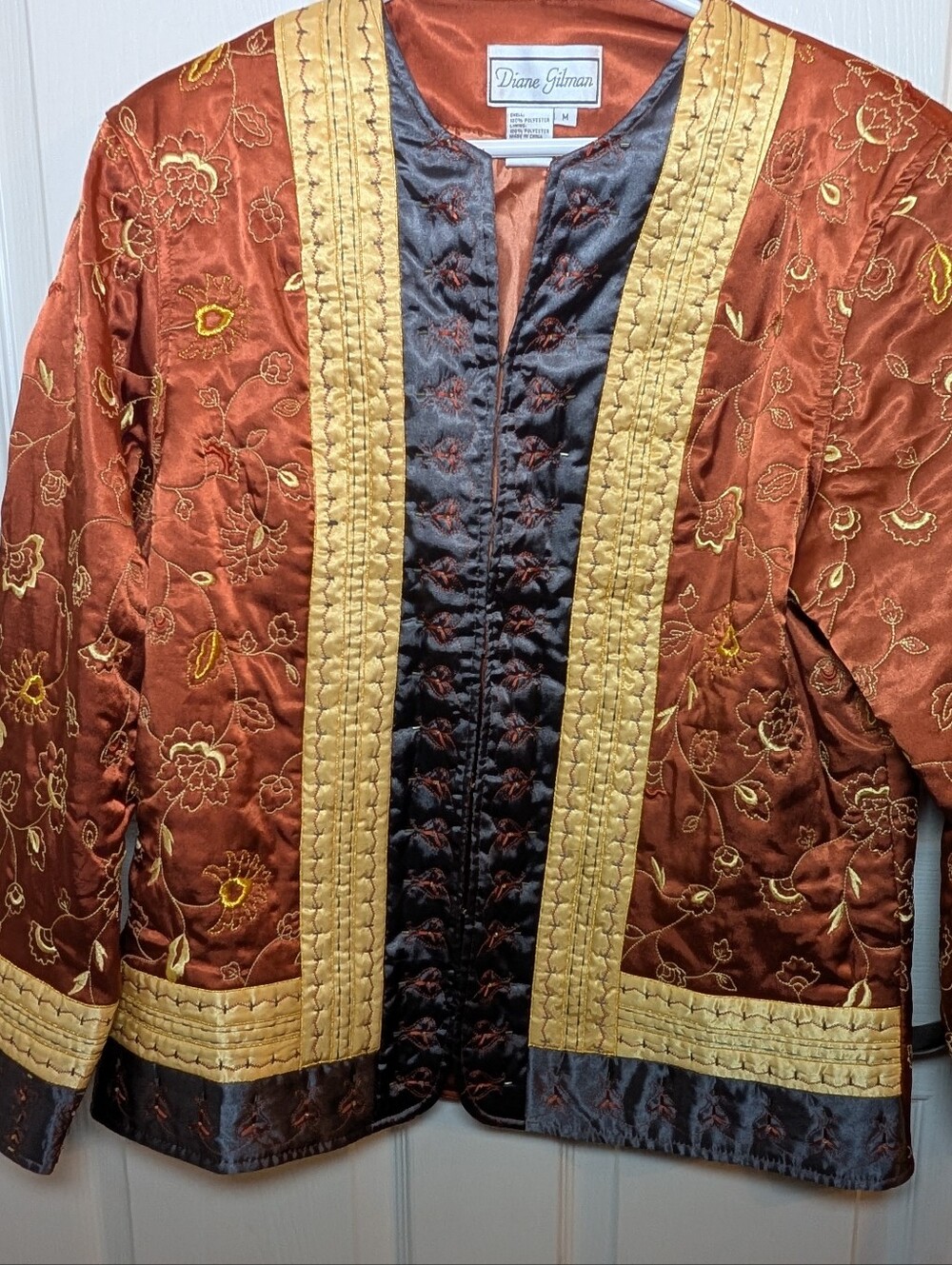 Diane Gilman Floral Copper Embroidered Boho Asian Inspired Lined Jacket Medium